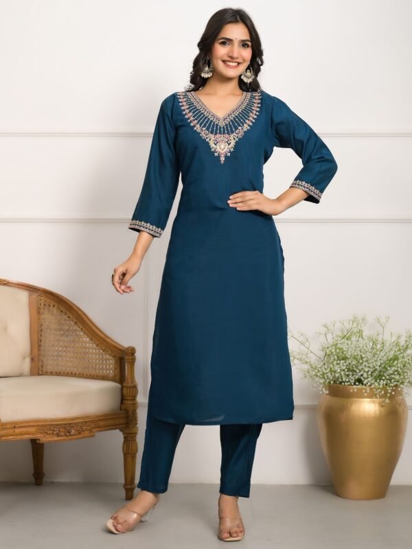 Wonderful Teal Blue Embroidered Viscose Pant Suit With Dupatta - Image 2