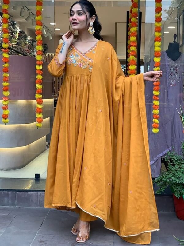 Awesome Mustard?Yellow Embroidered Viscose Pant Suit With Dupatta