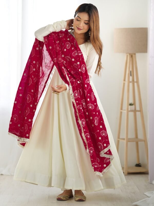 Adorable Off-White Silk Anarkali Gown With Heavy Pink Dupatta